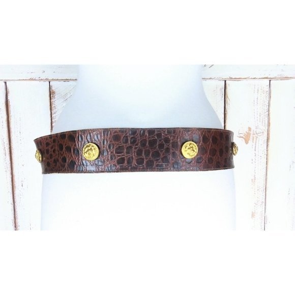 Vintage Jill Stuart wide brown leather gold medallion reptile croc embossed belt - Picture 4 of 6